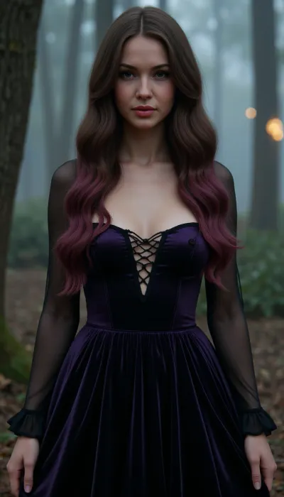 full body photo, Salem Witch, a charming witch with long, wavy hair that shimmers with all the shades of the night sky, and deep eyes full of secrets. She is dressed in an elegant dress of dark velvet, decorated with mystical symbols. the atmosphere of a mysterious forest shrouded in fog, with flickering lights and the whisper of ancient trees. elegant, concept art, sharp focus, beautiful face, digital art, hyperrealistic, 4K, Unreal Engine, high detail, HD, dramatic lighting by Brom
