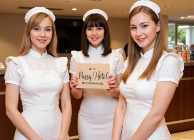 Three petite young women, wearing maid uniforms, different haircolors, standing at a hotel reception.
They hold a sign with text "WET PUSSY HOTEL, MEN'S PARADISE".