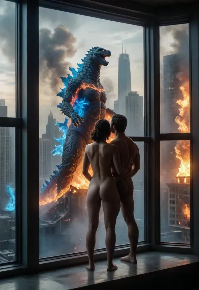 A naked couple standing by the window, looking out the window, (Godzilla spewing blue flames), (high-rise buildings collapsed, many places with fire and smoke), <lora:niohxlguardiansprt-step00000420:2>, <lora:276883_training_data:1.6>, <lora:345801_training_data:2>