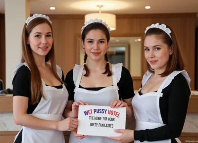 Three petite young women, wearing maid uniforms, different haircolors, standing at a hotel reception.
They hold a sign with text "WET PUSSY HOTEL, THE HOME OF YOUR DIRTY FANTASIES".