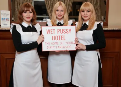 Three petite young women, wearing maid uniforms, different haircolors, standing at a hotel reception.
They hold a sign with text "WET PUSSY HOTEL, THE HOME OF YOUR DIRTY FANTASIES".