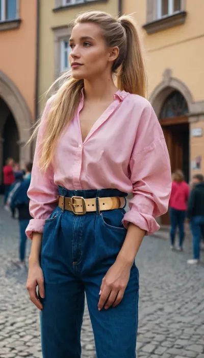dark blue baggy paperbag slouchy jeans, very long hair, gold belt, prague, slouchy style, ponytail, blonde hair, pink blouse