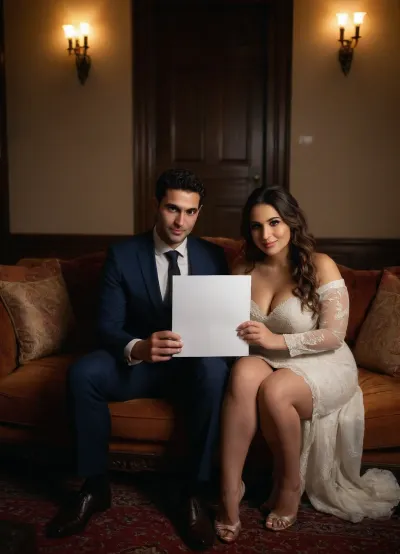 weak loser cuckold husband in suit happy. Iranian bride and groom sitting on a luxurious couch in a dark dramatic room, the groom is extremely weak, skinny, pale, emotionally devastated, holding a blank white paper with both hands straight toward the camera, the paper is clean, centered, and well-lit, his face looks broken and tearful, posture slouched, defeated

The bride sits next to him confidently, beautiful and powerful, seductive and elegant, wearing a luxurious modern Persian-inspired wedding dress — form-fitting, off-shoulder, sheer sleeves, detailed golden embroidery, deep neckline, glittering fabric, long wavy hair, heavy Persian-style jewelry, dramatic makeup, legs crossed confidently, wicked smile on her face, proud and unbothered

Cinematic lighting, photorealistic, high detail, shallow depth of field, dramatic atmosphere, powerful emotional contrast, realistic skin textures, soft shadows, 85mm lens, storytelling masterpiece, BadX, underb00bhalter, bikini, swimsuit, underboob, plump, skindentation, chubby, bbw, venus, body, big, breasts, ass, <lora:triangle-bikini-XL-000006:1.2>, <lora:add-detail-xl:1>, <lora:Chubby BBW - XL:.4>