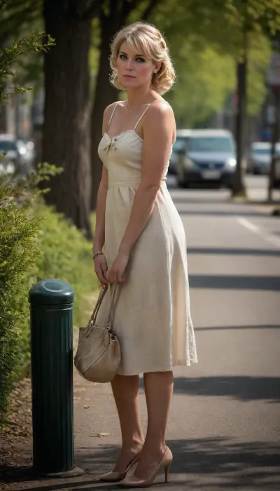 full body view, A secret vue of a totally normal and natural woman approximately 40yo, curvy body, serene and natural, beautiful and gracefully aged, she is standing in deep thoughts waiting for the bus, it is summer and she is dressed classy and chique, her hair in a make-shift clamp-hairdo behind her head, bangs combed back and a few stray tendril hairs, slightly freckled, high cheekbones, Scandinavian everyday beautiful wife, laid-back pumps and out of age lingerie, muscular legs, summerdress, the wind lifts her dress, second-hand tote over her shoulder, tall and slender, elegant, blonde hair, subtle bow-shaped lips, detailed eyes, look to the viewer, distant gaze contemplating, zoomed in hires photo, voyeur photo, sunny afternoon, springtime, trees starting to blossom, ac_neg1