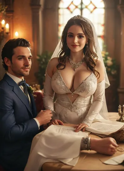 (((The groom is holding one clean, blank page of the contract up toward the camera — the paper is well-lit, perfectly clear, empty, and centered in the frame))), ., ((weak loser cuckold slave husband in suit happy)), . super saggy tits, busty. An Iranian super sexy slut bride and groom in the center of a crowded room full of smiling, joyful men, wearing formal suits, standing around them, celebrating. The bride and groom are sitting at a table, both signing a contract together., . The groom looks slightly nervous or uncertain, while the bride appears confident, calm, and slightly mysterious. The bride is wearing a glamorous, elegant, modern Persian wedding dress — form-fitting, stylish, with shimmering details and jewelry. The atmosphere is energetic yet tense, filled with emotion and complexity. Cinematic lighting, photorealistic, ultra-detailed, high realism, storytelling composition, dramatic group scene. BadX, plump, skindentation, chubby, bbw, venus, body, big, breasts, ass, sexy, wedding, dress, <lora:add-detail-xl:1>, <lora:Chubby BBW - XL:.4>, <lora:sexy wedding dress XL:.6>, <lora:MJ52:1.1>