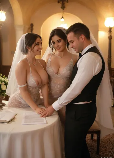 (The groom is holding one clean, blank page of the contract up toward the camera — the paper is well-lit, perfectly clear, empty, and centered in the frame), ., ((weak loser cuckold slave husband in suit happy)), . super saggy tits, busty. An Iranian super sexy slut bride and groom in the center of a crowded room full of smiling, joyful men, wearing formal suits, standing around them, celebrating. The bride and groom are sitting at a table, both signing a contract together., . The groom looks slightly nervous or uncertain, while the bride appears confident, calm, and slightly mysterious. The bride is wearing a glamorous, elegant, modern Persian wedding dress — form-fitting, stylish, with shimmering details and jewelry. The atmosphere is energetic yet tense, filled with emotion and complexity. Cinematic lighting, photorealistic, ultra-detailed, high realism, storytelling composition, dramatic group scene. BadX, sexy, wedding, diaphanous, dress, <lora:add-detail-xl:1>, <lora:sexy wedding dress XL:.6>, <lora:MJ52:1.1>, <lora:xl_diaphanous_dress-1.0:1.1>
