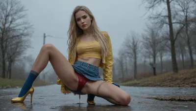 (skinny:1.1), (thin long legs:1.4), ((black full body pantyhose)), (long golden hair), (long hair:1.4), (golden sokate heels), (denim skirt), ((very sheer yellow top)), ((heighly transparent PVC jacket)), (transparent blue socks over pantyhose), (red panties), long nylon gloves, slender body, anorexic, (one leg apart:1.3), no breasts, slim hips, slim ass, thin waist, (low view:.5), (front view:1), ((driping wet clothes)), ((dripping wet hair)), Heavy rain, flooding, flooded ground

a night on graveyard, photo flash
