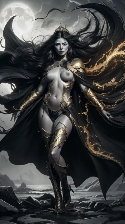 dark erotic fantasy illustration, transformed sexy demon queen at the edge of a rift, partially nude with glowing gold runes on her body, long flowing hair, giant demons writhing in background cliffs, windblown cape, apocalyptic scale, high contrast black and white scene with gold accents only, cinematic depth and energy