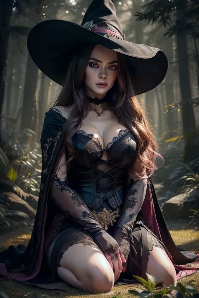 (masterpiece), perfect anatomy, intricate, (highly detailed), masterpiece, photorealistic, cinematic lighting, shading, super detailed skin, (beautiful detailed eyes:1.3), best quality, ultra-detailed, (illustration), expressive eyes, perfect face, 1 woman, witch, Oversized robe and hat, black cat, black hair, pink eyes, cute tall, (Enchanted forest background), sitting on toadstool