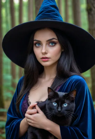 (masterpiece), perfect anatomy, intricate, (highly detailed), masterpiece, photorealistic, cinematic lighting, shading, super detailed skin, (beautiful detailed eyes:1.3), best quality, ultra-detailed, (illustration), expressive eyes, perfect face, 1 woman, witch, Oversized dark velvet robe and hat, black cat, black hair, deepl blue eyes, cute tall, (Enchanted forest background), sitting on toadstool