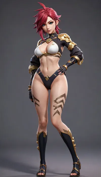 Video game character design, 1 girl, full body, teasing, dynamic pose, exotic costume design, tight, revealing, wide hips, long legs, slim body, fit, abs, video game graphics, 3d design, 3d graphic, 3d anime, cartoon, Anime, zenless zone zero graphics style, genshin impact graphics style, stylized shader, 3d anime videogame shader, perfect hands, stylized, very detailed, detailxl, texture, of, arcane, style, <lora:sxz-texture-sdxl:1>, <lora:arcane_style_xl_v1:1>