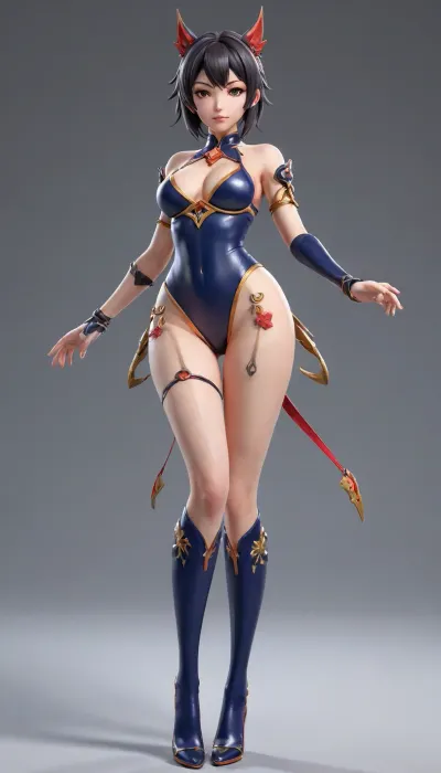 Video game character design, 1 girl, full body, teasing, dynamic pose, exotic costume design, tight, revealing, wide hips, long legs, slim body, fit, abs, video game graphics, 3d design, 3d graphic, 3d anime, cartoon, Anime, zenless zone zero graphics style, genshin impact graphics style, stylized shader, 3d anime videogame shader, perfect hands, stylized, very detailed, detailxl, Enma, Ai, <lora:JigokuShoujo_XL_v2:1.1>