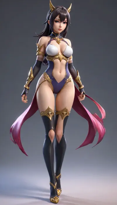 Video game character design, 1 girl, full body, teasing, dynamic pose, exotic costume design, tight, revealing, wide hips, long legs, slim body, fit, abs, video game graphics, 3d design, 3d graphic, 3d anime, cartoon, Anime, zenless zone zero graphics style, genshin impact graphics style, stylized shader, 3d anime videogame shader, perfect hands, stylized, stylized character, very detailed, detailxl, texture, of, <lora:sxz-texture-sdxl:1.5>