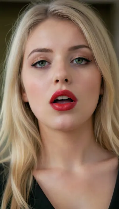 18 year old school girl, red lipstick, green eyes, blonde hair, black eyeliner, full body picture, orgasmface, <lora:orgasmface_SDXL:.8>