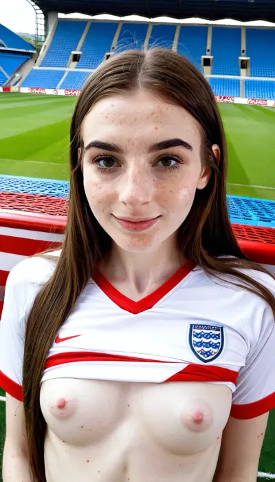 Female soccer player, sexy young girl, 19 years old American woman, brown long hair, white skin, england soccer jersey, flat small chested, thin, huge aureolas, brown eyes, white nipples, little lips, freckles on face, big black eyebrows, very cute and sexy, small nose, naught smile, empty soccer stadium, rhinoplasty, middle body view