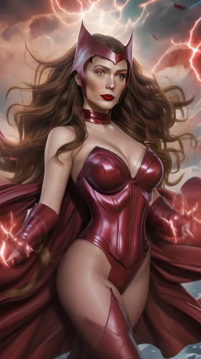 Digital art portrait of sensual, (Scarlet Witch), sensual, beautiful woman with long flowing black curly hair, wearing iconic red headpiece with pointed crown, ample cleavage, striking green eyes with dramatic eye makeup, red lipstick, pale porcelain skin. Big tits, lots of cleavage. Red leather, (corset bustier), with metallic shine, flowing red cape billowing dramatically around her. Dynamic pose with hair and fabric in motion, particles and debris floating in air around her. Soft warm lighting with subtle rim lighting, muted beige/taupe background. High-quality digital painting style, smooth airbrushed rendering, comic book character art, fantasy portrait. Cinematic lighting, detailed facial features, elegant and powerful pose, wind-blown effect, photorealistic digital art, (((style by Artgerm))), Maximoff, leotard, cleavage, cape, gloves, helmet, Scarlet, Witch, c0rs3t, corset, bustier, (ribbons, bows, halter, top), <lora:scarlet-10:1.5>, <lora:Scarlet Witch:.2>, <lora:Charmante:.2>
