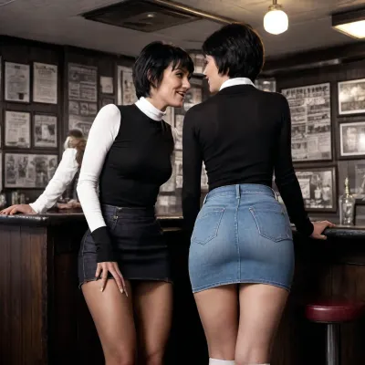 full length black /white photo short black hair denim micro mini skirt white high heels 45yr old white prostitute long sleeve satin polo neck top getting shagged in the vagina held by the hips by three 88 yr old black man, in Black mens Dive Bar sexy smiles kisses on bum