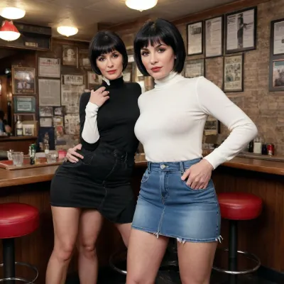 full length black /white photo short black hair denim micro mini skirt white high heels 45yr old white prostitute long sleeve satin polo neck top getting shagged in the vagina held by the hips by three 88 yr old black man, in Black mens Dive Bar big wide arse sticking it out to man