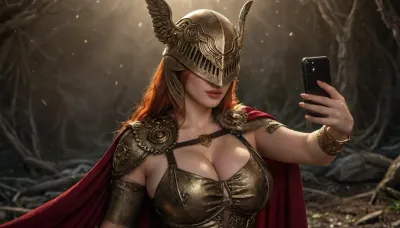 masterpiece, high resolution, perfect makeup, glossy lips, blush, glistening skin, malenia blade of miquella, malenia, (elden ring), massive boobs, <lora:bombshell_v2:.8>, <lora:bboobs-000005:.8>, sweaty cleavage, armor, leotard, elden ring, a, woman, with, red, hair, winged, helmet, cape, <lora:Malenia1024:.8>, 4k, wallpaper, selfie, iphone, taking a selfie with an iphone