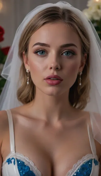 (((ukrainian, 18 yo, very cute face, depraved lady))), (((light bedroom, The bedroom is covered in roses, flower, sbeautiful wedding hairstyle, stylish, designer, fashionable, bride's hairstyle))), (There is a questioning look on his face, surprise, indignation, how is that?), (((Intelligent, European appearance, Russian cute face, potato nose, beauty, cinematic photo of one girl, mouth, Beautiful wide square ron, slightly swollen juicy lips, passionate lips, Lip contour, juicy lips, excited lips, beautiful lips))), (((Touches the neck and cheeks with the fingertips, nails on the cheek, Fingers with painted long non-sharp nails, nail polish))), (((perfect Bright blue-gray irises of the eyes, realistic eyes, big eyes, Living natural eyes, Black outline on the edge of the eyelids outlined with pencil and ink))), (((light makeup))), (blonde hair), (bobcut), (body), (bronze tan), ((white latex, White wedding dress, lace, translucent fabrics), ((leather corset, Satin Bra, Veil and light transparent crystal carona, Diamond carona)), (beads), (gold big earrings)), (((upper eyelids, shadows, well-growing abundant lush long eyelashes, glamorous lipstick, shine in the eyes))), ((evening)), (((There are a lot of transparent lumps of sperm on her breasts and tits, Bare breasts, elastic tits))), (((Ultrarealism, hyperrealism, ultra reskness, clarity photorealism, professional photography))), (((Transparent lumps of sperm, a lot of cum on chest, (Lots of roses, huge roses, flowers, blue-white roses flowers, Huge bouquets of blue-white roses in the background), 35mm photograph, film, bokeh, professional, 8k, highly detailed, bukkake, r3tro_cumshotz, dripping, thick, white, retro, cumshots, facial, breasts, stomach, covered, in, perfect, spitbubbles, littlebubbles, spitstring, woman, cum, on, face)))