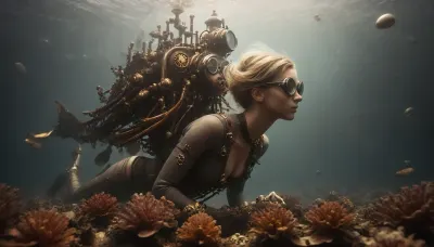 a slim, flat-chested blonde woman dives over colorful corals against the backdrop of a wide shot of her steampunk submarine in the far distance behind her, (wearing steampunk diving equipment:1.8), (diving-fins, diving suit, oxygen tank, oxygen mouthpiece), the diving suit is slightly open, sexy, floating blonde hair, bubbles, peaceful, diving, fishes, corals, background, xs-4d-space, ocean, fantasy, steampunk pirates submarine, under the sea, outdoors, photography, steampunknoireai, mad-mecharm, <lora:xs_4d:.6>, <lora:SteamPunkNoireAIp:.4>, <lora:Gearbound_Mechanical_Arm_SDXL:.3>, <lora:MJ52:.8>