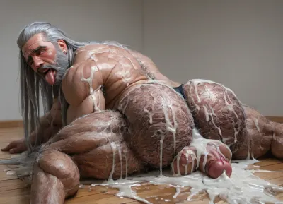 A Beefy old daddy, gray hairy body, full gray beard, big thick gray mustache, long gray hair, (long hair:1.2), (big pecs:1.3), (big ass:1.5), (hairy body:1.6), old daddy, (old beefy daddy:1.6), big round booty, he is wearing torn ripped thong, thong pulled down m, big huge flaccid cock, big balls, lying on floor, hands in his hair, extrem orgasm, cum splashing everywhere, excessive sperm, (excessive cum:1.1), exhausted, so exhausted after sex, cum all over his beefy body, (ahegao:1.7), solo only gay scene