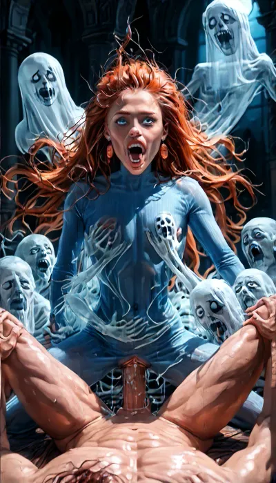 (massive ghost having sex with solo girl), flat-chested, on all fours with legs slightly spread, hands on the floor, massive veining, ribbed ghost cock penetrating pussy, vaginal sex, passionate ghost sex, wet skin, all the way, moaning, big pussy juices, long sleeve tight bodystocking, athletic body, high definition, blue eyes, ginger hair, long hair, extremely beautiful face, very detailed, ghost opens its mouth and shows its sharp teeth. The scene is in the surroundings of an ancient castle, (orgy with terrifying female ghosts and other creatures of the night:1.5), (ghosts are hiding in all possible corners of the great hall, watching the unlikely scene:1), (The atmosphere is frightening and arousing at the same time:1), high detailed, sex, from, behind, drkfntasy, <lora:MJ52:1.5>, <lora:xl_more_art-full_v1:1.2>, <lora:LCMTurboMix_Euler_A_fix:2>, <lora:darkfantasystyle:1.3>, <lora:Dark_Sci-fi_v2-000001:.8>