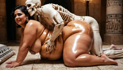 masterpiece, high resolution, ultra detailed, 8k, Night, Museum of Ancient Egypt, wall decorated with Egyptian bas-reliefs and hieroglyphs, ((two skeletons having sex and groping a beautiful, fat, obese, love handles, wide hips, little cellulit, overfed, fat rolls belly, wobbly ass, oiled, body, fat double chin face, overweight milf)), super detailed photorealistic image, full body view view, 8K quality., skeleton, <lora:sdxlSkeletonLora:.8>, on all fours-side view
