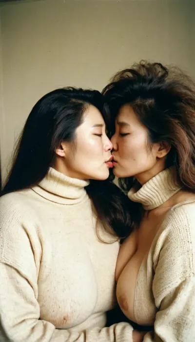 1980s, polaroid, 2 korean woman 38 years old, (mature, bad skin, acne, wrinkles), busty, gigantic tits, massive breasts, long messy hair, tight turtleneck sweater, fully clothed, GiganticBreatsXL, gigantic, breasts, huge, <lora:GiganticBreastsXLv1:.5>, . kissing