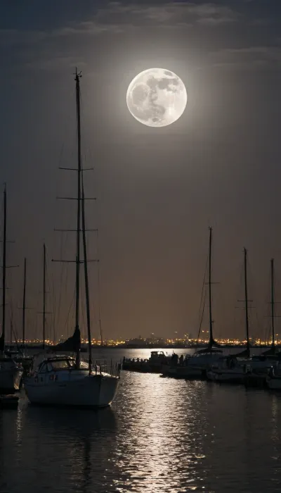 The night silhouette of the city was captured by a professional camera from the bay. The night lights accentuate the silhouettes of skyscrapers against the cloudless night sky, and the huge gray moon is partially hidden by shadows. A lone sailing yacht is moored to the marina. On the pier, a naked girl stands in front of everyone, illuminated by the moonlight