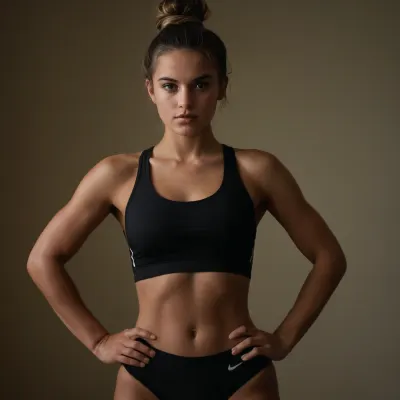 20 year old girl. Tall and lean with a toned, athletic build from years of training. She has black hair with blonde highlights, (either loose or tied in a messy bun), piercing green eyes, slightly tanned skin, and defined muscles, especially her abs and thighs. Her modest chest reflects her low body fat from constant swimming. She has a trimmed crotch with black pubic hair. Her ass is perfectly shaped, firm and medium sized. She wears athletic wear like sports bras or hoodies, paired with leggings or shorts.