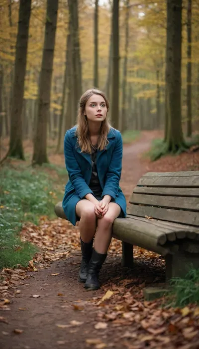 mädchen auf bank an waldweg