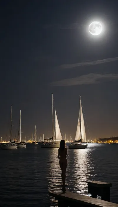 The night silhouette of the city was captured by a professional camera from the bay. The night lights accentuate the silhouettes of skyscrapers against the cloudless night sky, and the huge gray moon is partially hidden by shadows. A lone sailing yacht is moored to the marina. On the pier, a naked girl stands in front of everyone, illuminated by the moonlight