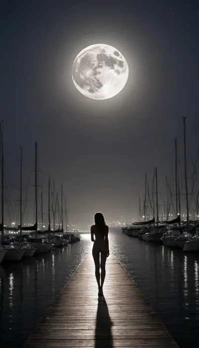 The night silhouette of the city was captured by a professional camera from the bay. The night lights accentuate the silhouettes of skyscrapers against the cloudless night sky, and the huge gray moon is partially hidden by shadows. A lone sailing yacht is moored to the marina. On the pier, a naked girl stands in front of everyone, illuminated by the moonlight