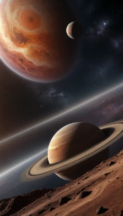 A realistic space landscape of a distant exoplanet, space phenomena in the sky, fantastic views, Saturn's rings in the sky, galaxy, Mars rising from behind Jupiter, milky way, craters on the surface, star trek