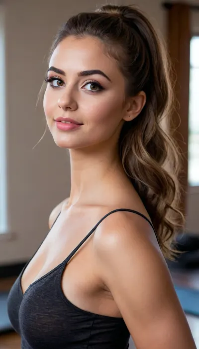 21 year old brown haired woman, deeply tanned brown skin, round face, detailed eyelids, smiling, prominent cupids bow lips, hair cascading over shoulder, dark lipstick, (detailed gradient black eyeshadow, bold long winged eyeliner, flushed cheeks), makeup, looking up, Professional photo, in an aesthetic yoga studio, dim lighting, hyper-realistic, ultra-high quality, insanely detailed. Stunning 21-year-old Instagram fitness model, long messy brunette updo, skin-tight workout clothes, yoga pose, pussy lips visible through tights

Trying different yoga pose like sukhasana, tadasana, Vrksasana