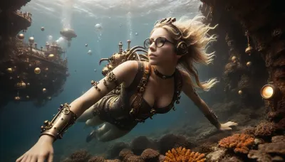 a slim, flat-chested blonde female diver dives relaxed under water in, (horizontal floating position), over huge colorful coral reef, (wearing fantasy steampunk diving equipment:1.5), the diving suit is slightly open, sexy, floating blonde hair, bubbles, peaceful, diving, fishes, corals, (diving against the backdrop of a wide shot of her home steampunk submarine in the very far distance), underwater cave, xs-4d-space, ocean, fantasy, steampunk pirates submarine, under the sea, outdoors, photography, steampunknoireai, mad-mecharm, <lora:xs_4d:.6>, <lora:SteamPunkNoireAIp:.4>, <lora:Gearbound_Mechanical_Arm_SDXL:.3>, <lora:MJ52:.8>