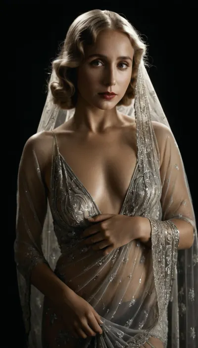 Incredibly realistic image, full colour image, full body view, 8K quality, ultra detailed, masterpiece, Silent film star Bessie Love in a transparent pareo, her body shining through the fabric, black and white, ((portrait)), AgedSepiaCE, <lora:PhotoAgedSepia01-00_CE_SDXL_128OT:.8>