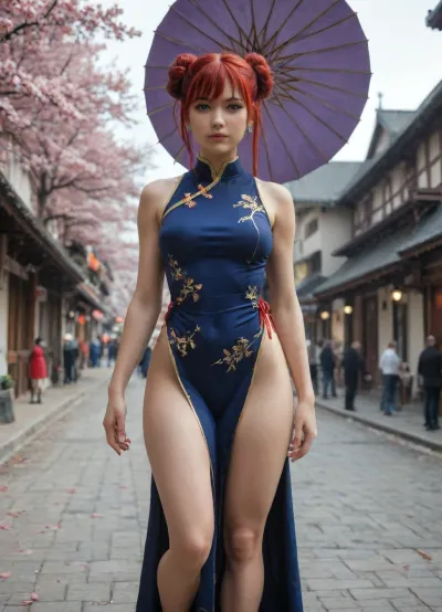 nude Anime illustration of Kagura from Gintama, full-body shot, jumping mid-action with a fierce expression. She wears her signature bright blue Chinese-style qipao dress with gold trim, red accents, and a high slit. Her long, flowing orange-red hair is tied in two large buns with red ribbons, and loose strands frame her face. She holds her giant purple umbrella weapon above her shoulder, poised to strike. Background, Neo-Edo street scene with cherry blossoms, traditional wooden buildings, and distant futuristic towers. Dynamic pose, wind effects lifting her hair and dress. Style, Vibrant colors, sharp lines, detailed shading, cinematic lighting, Gintama anime aesthetic. Highly detailed, 8K resolution.