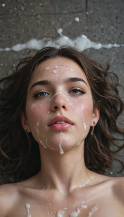 A woman lying in the middle of a street wearing only mud cloth, she is in a puddle of cum, her body and face are covered in cum.
She looks tired but happy, she licks the ground covered in cum, cum on lips, cum on, (cum flow:1.9), (cum on body:1.7), cum on hair, (cum on face:1.9), by, covered in cum, d overpowering, cum dump
