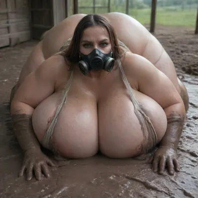 In the barn, a monstrous, very old, obese woman laying on the mud with her thighs apart, wearing a dirty, torn old dress that reveals her enormous, massive, hanging breasts, gas mask, dirty., (opened cleavage:1.3), she's dirty and angry, she looks at me, her tits covered with mud, (huge breasts:1.6), (mud on floor:1.7), (head, 0.01)