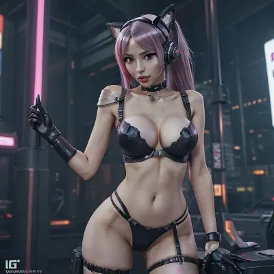 a woman in a sexy outfit with headphones and a cat ears, oppai cyberpunk, seductive anime girl, perfect android girl, cyberpunk anime girl, female cyberpunk anime girl, trending at cgstation, trending on cgstation, fine details. girls frontline, from girls frontline, girls frontline universe, cyberpunk femme fatale, nude, vagina, slim girl, slim breasts, slim ass, lingerie. hand101, <lora:weight_slider_v2:.1>, <lora:eye_size_slider_v1:.4>, <lora:age_slider_v20:.2>, <lora:handmix101:.5>