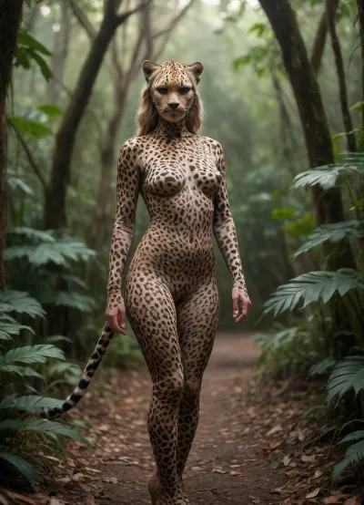 Full Body view of beautiful anthropomorphic Leopard Woman, beautiful face, naked, nude, whole body covered in Leopard spots, (whole Body covered in Leopard spots:1.5), leopard tail, full Body visible, Standing in jungle