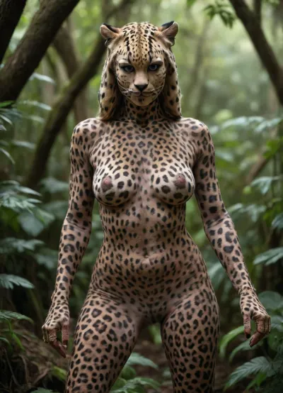 Full Body view of beautiful anthropomorphic Leopard Woman, beautiful human female face, face covered in Leopard spots, naked, nude, whole body covered in Leopard spots, (whole Body covered in Leopard spots:1.5), leopard tail, full Body visible, Standing in jungle, pussy spread wide