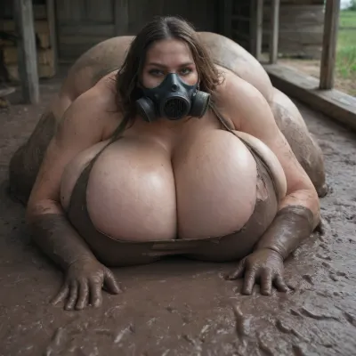 In the barn, a monstrous, very old, obese woman laying on the mud with her thighs apart, wearing a dirty, torn old dress that reveals her enormous, massive, hanging breasts, gas mask, dirty., (opened cleavage:1.3), she's dirty and angry, she looks at me, her tits covered with mud, (huge breasts:1.6), (mud on floor:1.7), (head, 0.01)
