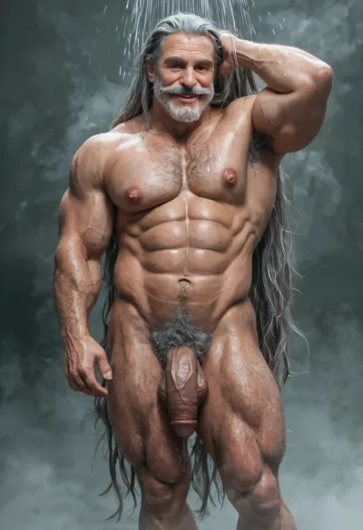 a beefy old daddy 60-years-old, (old beefy daddy:1.5), big muscles, big pecs, very long grey hair, grey hairy body, (grey hairy body:1.4), full beard, thick moustache, angular jawline, posing in his shoxmwer, under water shower, (fog:1.2), shameful posing, exhibiting his ass, his big booty, blush, men drooling, full naked, huge fat flaccid cock down, big round balls, six pack abs, hairy chest, showing booty, showing his big ass, exhibiting his big booty, (big round booty:1.6), hot sexy dilf, big nipples, erect nipples, smile, tremble, cool poses sexy, wet hair, (very long hair:1.8), very low lighting place, candles light floor, playing with his long hair, solo only