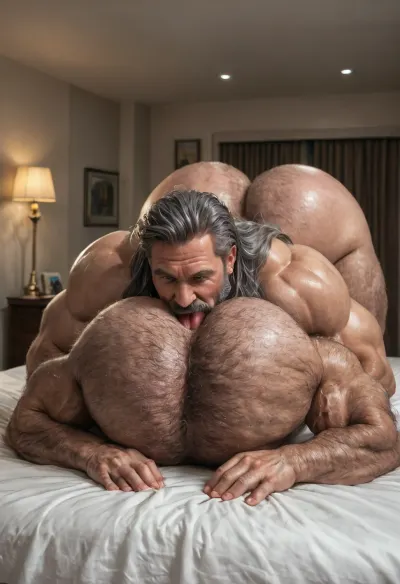 old man, Beefy old daddy, 60-years-old, big muscles, big pecs, big bulge, big booty, gray hairy body, full gray beard, big thick gray mustache, long gray hair, (long hair:1.2), (big pecs:1.3), (big ass:1.6), (hairy body:1.5), (beefy daddy:1.6), rimming, eating ass, sucking hole, blushing, moaning, loving it, spreading ass cheeks, wet, leaking, face down ass up, wide hips, thick thighs, extremely large ass, old man rimming asshole, hyper butt, hyper balls, hyper sexy, two men only, on bed, luxurious bedroom hotel, night, just a candle lighting, gays mens