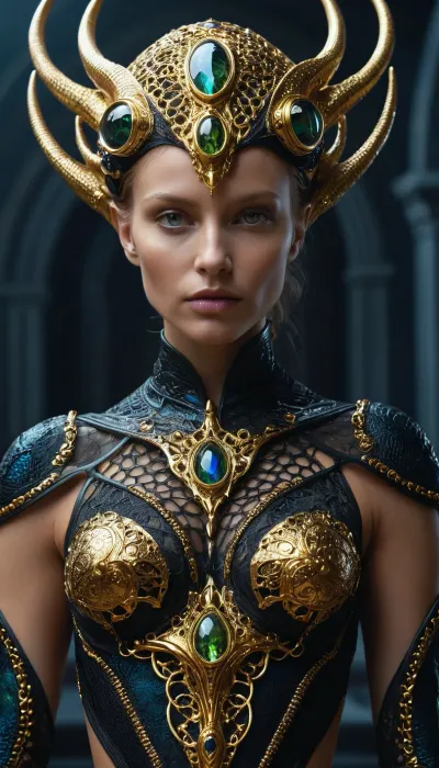dark fantasy, Alien Nordic reptillian from venus and norway, captivating, in vibrant jewels.... Her accessories include high tech quantum neural lace and glowing gold plasma body sheath, eyes glowing, bokeh, lens flres, fisheye lens, perfect composition, beautiful detailed intricate insanely detailed octane render trending on artstation, 8 k artistic photography, photorealistic concept art, soft natural volumetric cinematic perfect light, chiaroscuro, award, winning photograph, masterpiece, oil on canvas, raphael, <lora:dark_fantasy_art:.5>