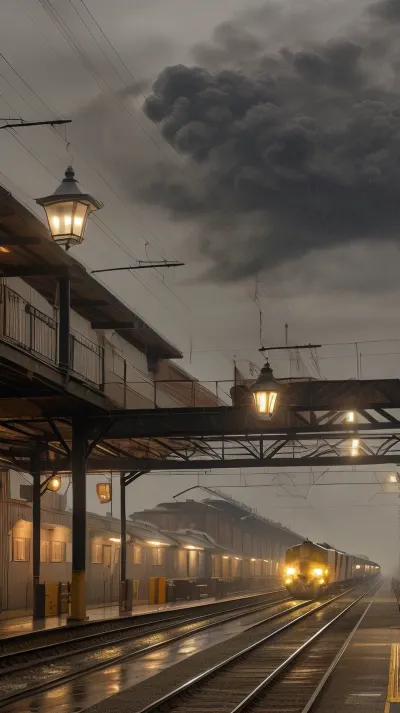 A freight train sorting station, the autumn grayness of drizzling rain, a dark sky full of black clouds, and a dim lantern barely illuminating the freight cars