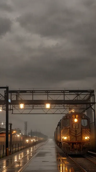 A freight train sorting station, the autumn grayness of drizzling rain, a dark sky full of black clouds, and a dim lantern barely illuminating the freight cars